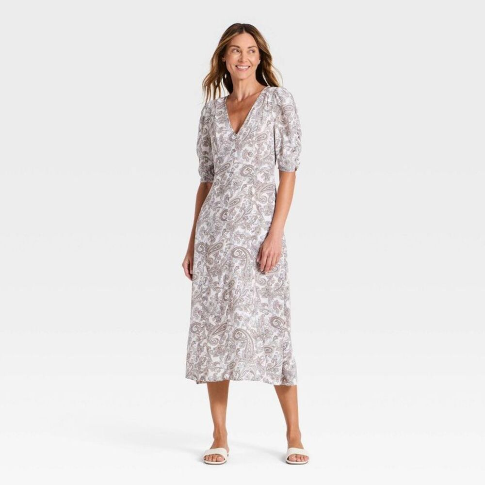 Women's Ruched 3/4 Sleeve Midi Dress - A New Day Cream Paisley M